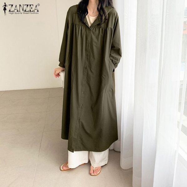 

women's trench coats zanzea long sleeves pleated windbreaker casual female autumn hooded solid button pocket maxi plus size 5xl, Tan;black