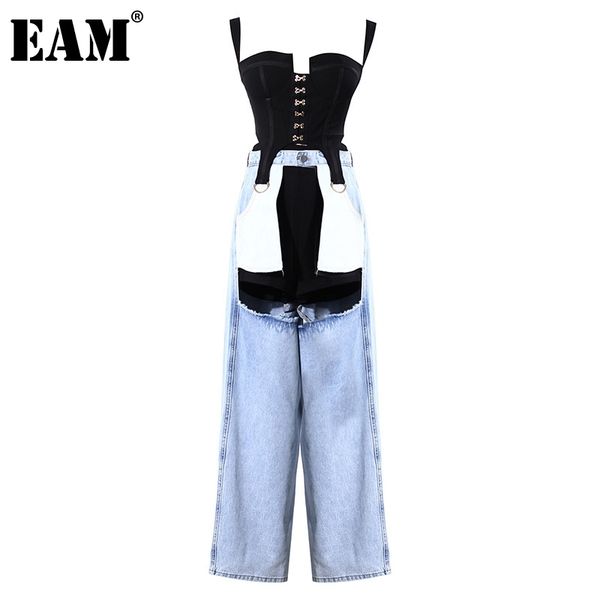 

[eam] hollow out vest blue denim wide leg pants two piece suit loose fit women fashion spring autumn 1dd5929 210512, White