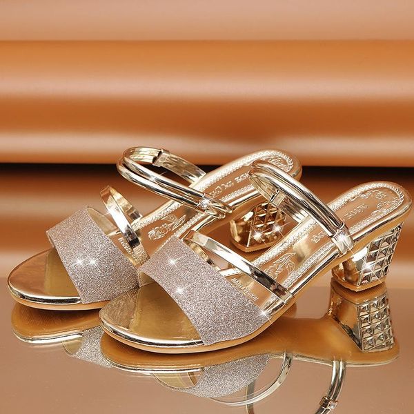 

sandals comemore 2021 gold women shoes slippers sliver summer party high heels low block square middle heel shoe fashion female, Black