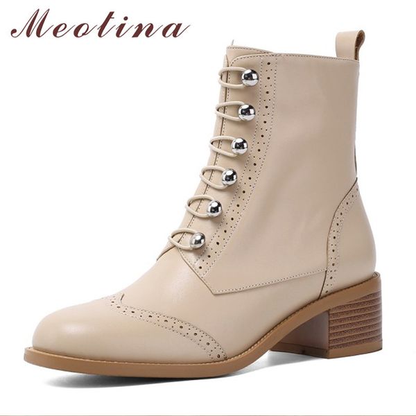 

meotina genuine leather high heel short boots women shoes chunky heels zipper lady ankle boots autumn winter apricot size 33-41 210520, Black