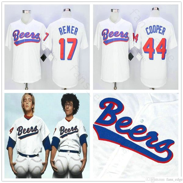 

doug remer 17 joe coop cooper 44 baseketball jersey beers movie button down white all stitched stitch sewn jerseys 55503, Black;red