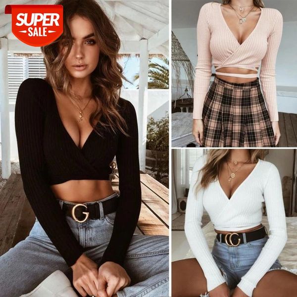 

2019 summer women slim t-shirt black white khaki long sleeve t shirt cross v-neck crop #0i1d