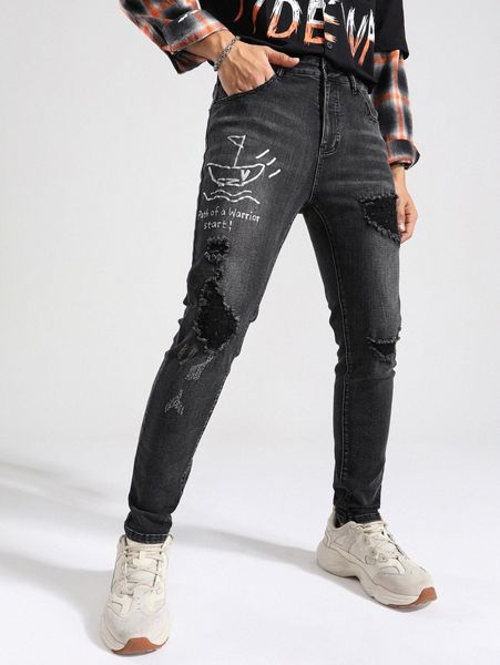 

men boat and slogan graphic frayed skinny jeans l0mb#, Blue