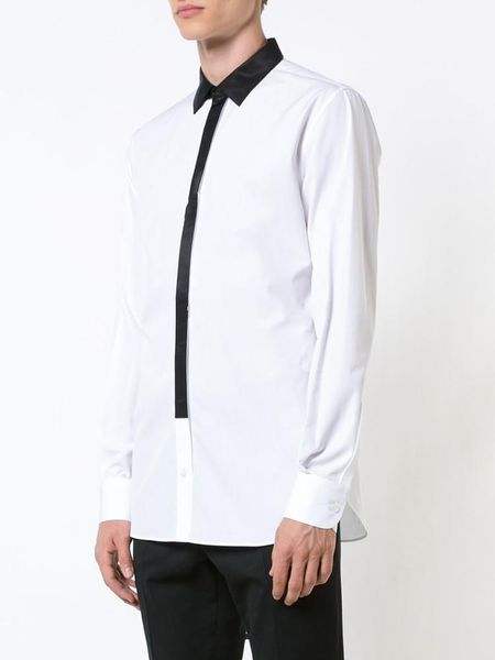 

men's casual shirts spring and autumn slim black square collar dress lapel fashion personality splicing long sleeve shirt, White;black