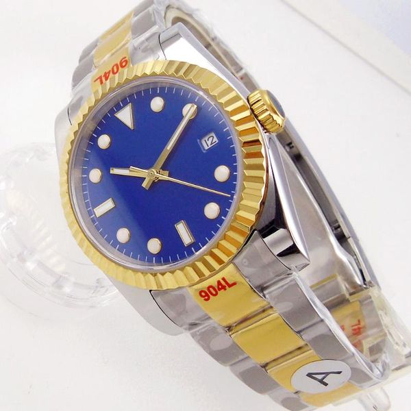

wristwatches gold plated 36mm/40mm sapphire men's automatic watch japan miyota 8215 blue face fix bezel oyster two tone band date windo, Slivery;brown