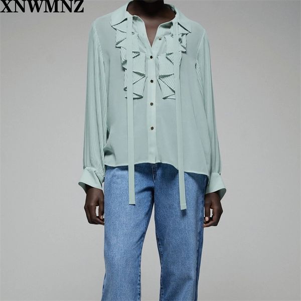 

women flowing ruffled blouse shirt collar with bow pleated long sleeves ruffle trims metal buttons female 210520, White