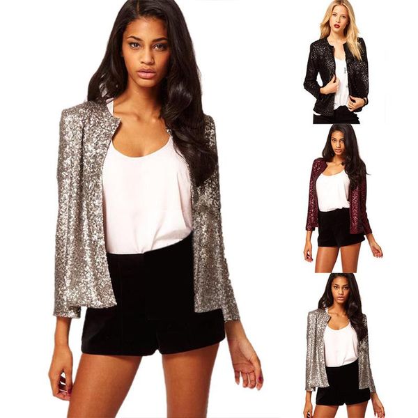 

women's jackets sequin silver shiny jacket casual women loose long sleeve basic coats vintage o neck party paillette 2021 spring autumn, Black;brown