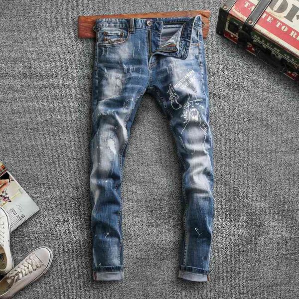 

men's jeans fashion streetwear men retro blue elastic slim fit ripped cotton denim pants printed designer hip hop trou