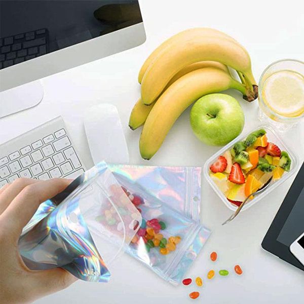 Gota de envio resealable mylar sacos de cor holográfica tamanho múltiplo tamanho cheiro comprovar sacos zip alimentos doces armazenamento embalagem sacos