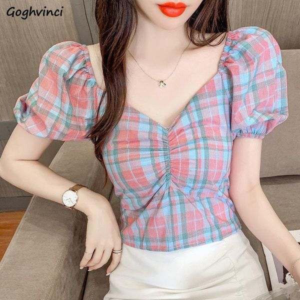 

women's blouses & shirts blouse women plaid puff sleeve ladies cropped clothes elegant party summer ulzzang teens classic students retr, White