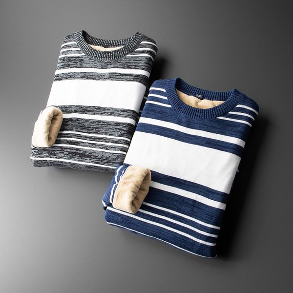 

sweater knit autumn winter 2021 men's pullover trend splicing contrast stripe plush long sleeve bottomed, White;black