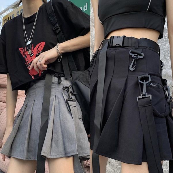 

skirts women gothic punk high waist pleated mini cargo skirt harajuku hip hop buckle belt zipper pocket solid a-line streetwear, Black