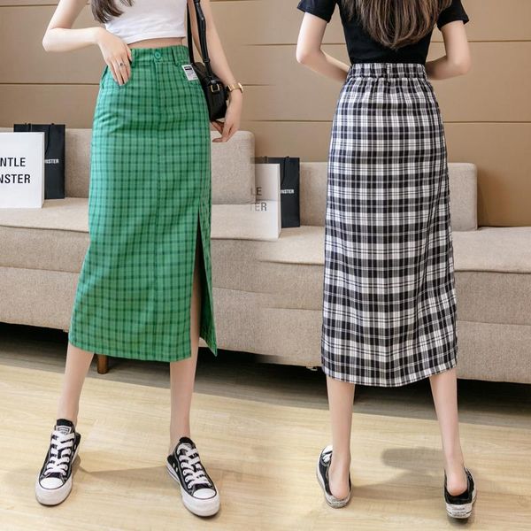 

skirts split s of irregular grid a word female summer 2021 satchel hip tall waist label, Black