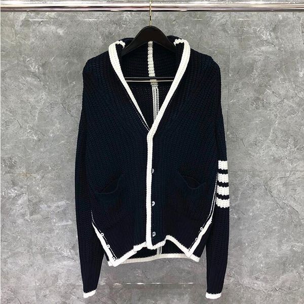 

hoodies fashion tb thom brand sweaters men slim turn down collar cardigans clothing striped wool solid thick winter casual coat, Black