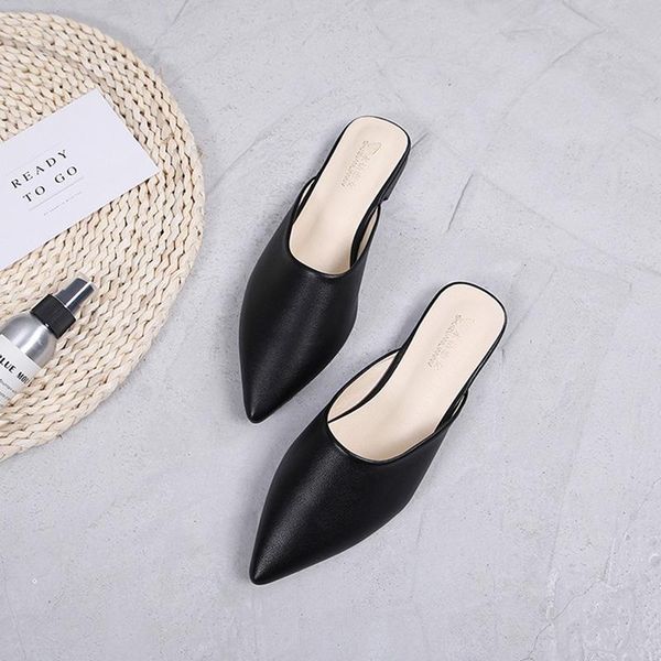 

slippers solid color pointed toe women brief flat slides shoes woman outdoor mules leather flip flops ladies chanclas mujer 2021, Black