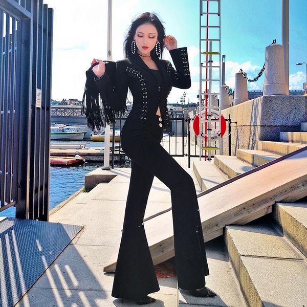 

women autumn winter fashion pant suit lady notched blazer jacket & high waist flare 2 piece office e8 women's two pants, White