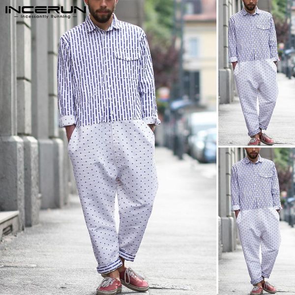 

men's pants incerun fashion shirt jumpsuit men printed patchwork lapel long sleeve baggy street retro mens overalls rompers joggers, Black