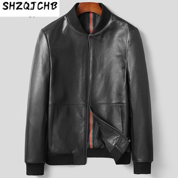 

men's leather & faux shzq 2021 autumn jacket baseball collar goat skin motorcycle suit casual coat thin, Black