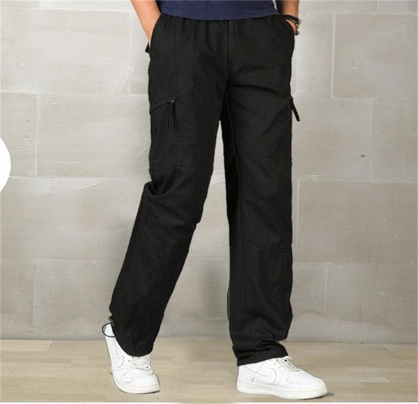 

men's pants spring autumn plus size clothing cargo big tall men casual many pockets loose work male straight trousers,9019, Black