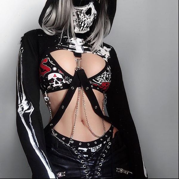 

gothic punk hooded black womens sweatshirt skeleton print mask long sleeve crop fashion halloween top