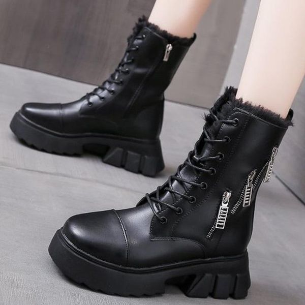 

boots winter women shoes platform comfort soft warm plush snow women's leather ankle height increasing 2021, Black