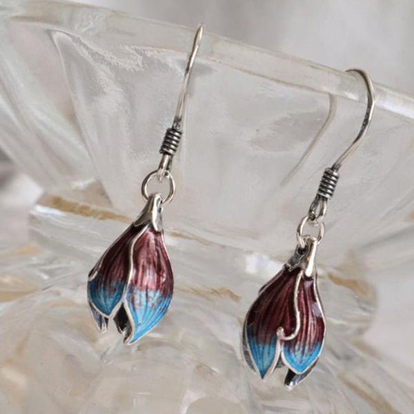 

dangle & chandelier silver fired blue enamel flower bud earrings chinese classic family style small charm minority design elegant lady brand