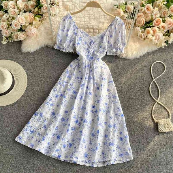 

summer vintage floral print short dress a line v neck puff sleeve high waist mid-calf women dresses 210430, Black;gray