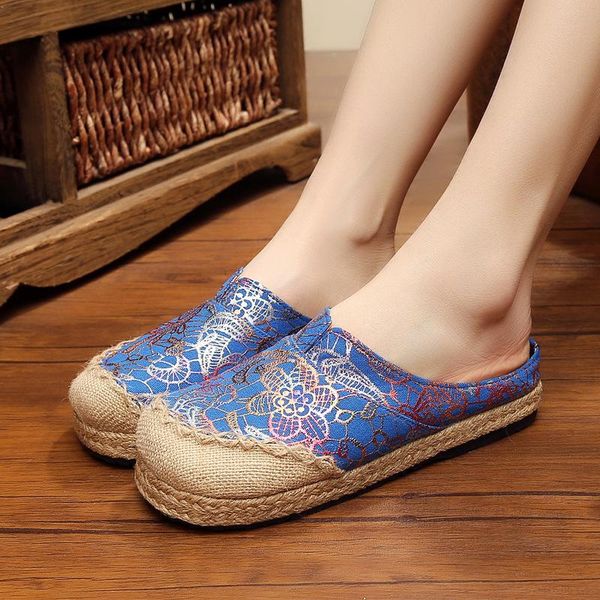 

slippers yourseason handmade silk embroidered ladies linen shoes close toe flat mules bohemian breathable women summer slip on, Black