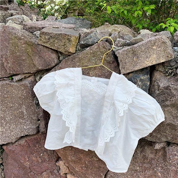 

summer baby girls lace cotton blouses korean style puff sleeve toddlers kids white shirts, White;black