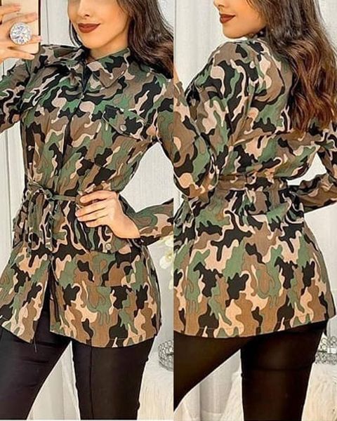 

women's jackets 2021 fashion camouflage printed long sleeve lapel zipper jacket ladies spring and autumn casual loose, Black;brown