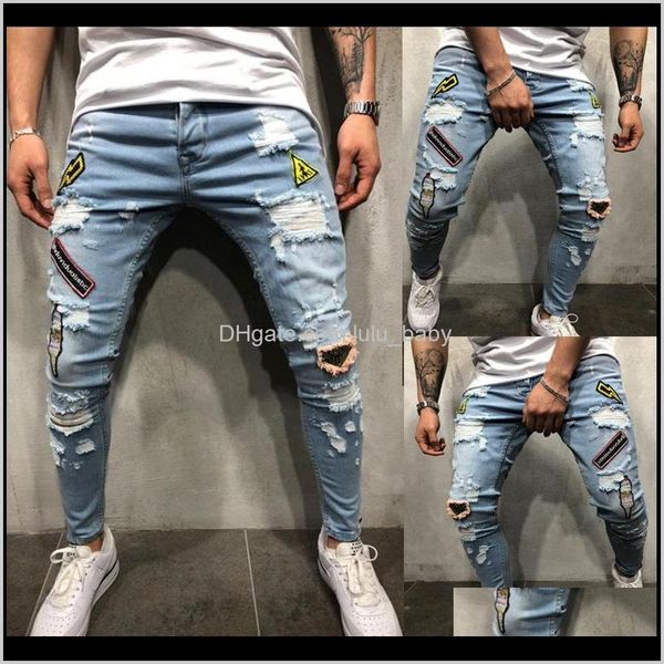 

mens clothing apparel drop delivery 2021 denim ripped hole slim patchwork jeans fashion hip hop skinny pencil for men stretch embroidery hom, Blue