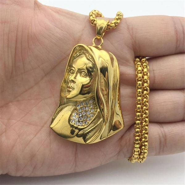 

chains hip hop pave rhinestone stainless steel gold color virgin mary pendant necklace for women christian jewelry madonna, Silver
