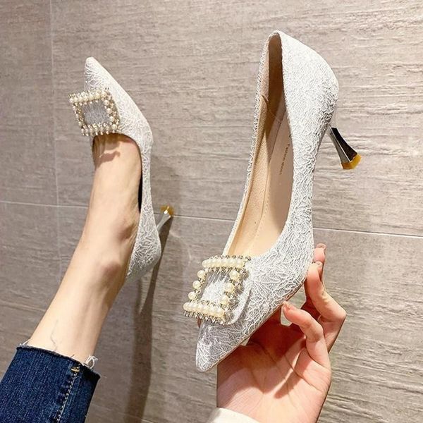 

sandals womens high heels thin heel with pointed pearl square buckle single shoes autumn fashion korean fairy style, Black
