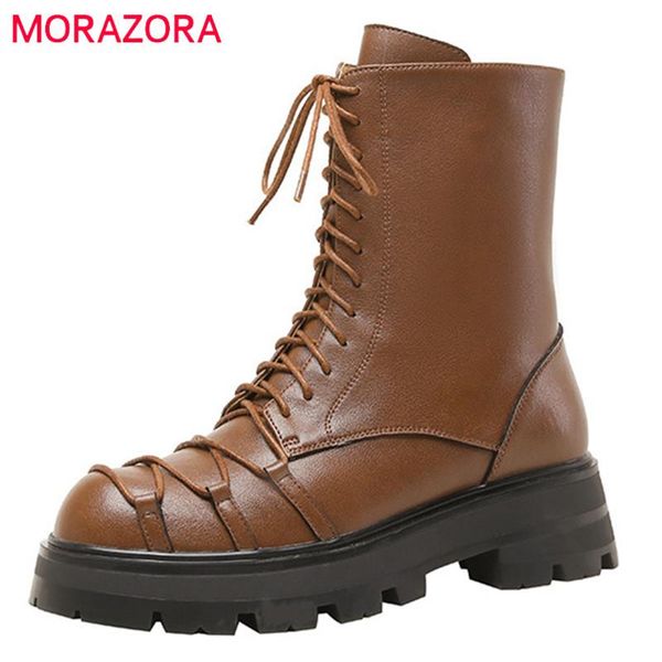

boots morazora thick bottom casual shoes women motorcycles genuine leather cross tied zip ankle, Black