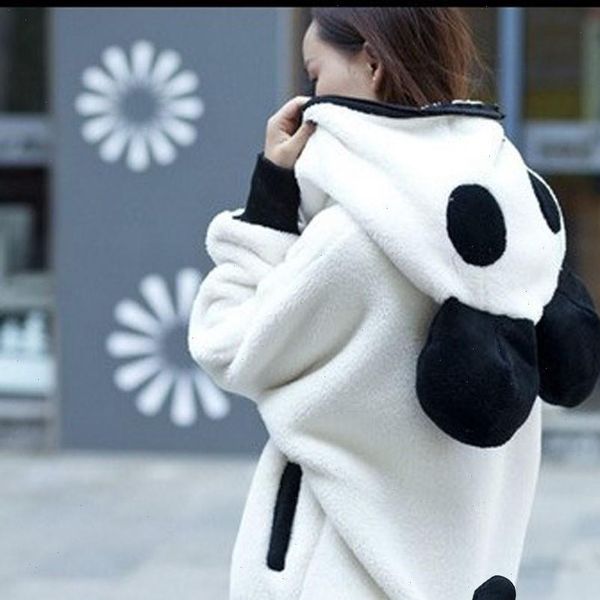 

kawaii womens hoodies women fur coat sweatshirt zip up cute panda ear cap autumn winter warm hooded turtleneck outerwear sudadera, Black