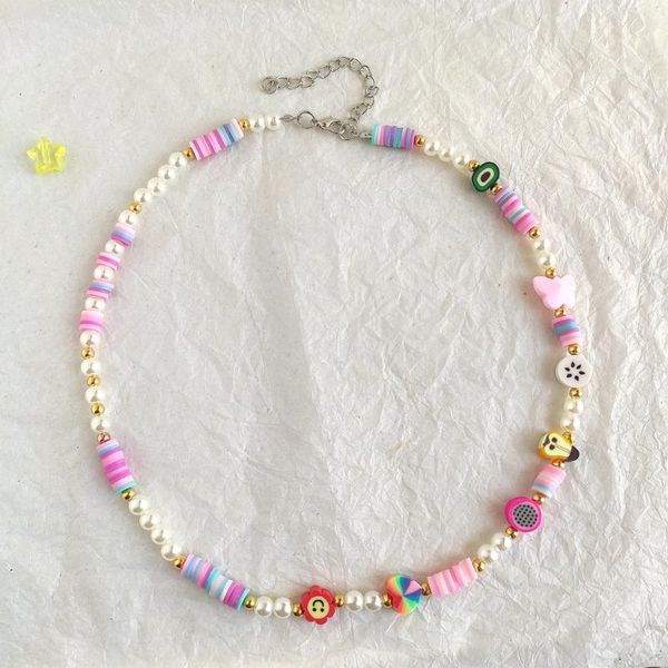 

chains 2021 one piece ethnic candy color random resin fruit beads necklace for women girls soft clay choker, Silver