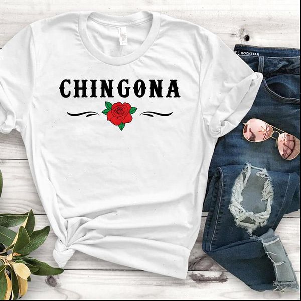 

chingona rose latin print harajuku womens graphic casual short sleeve tee, White