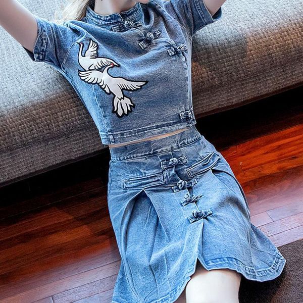 

women's fur & faux summer 2021 denim dress female age reduction suit fashion two-piece western fairy a-line skirt, Black