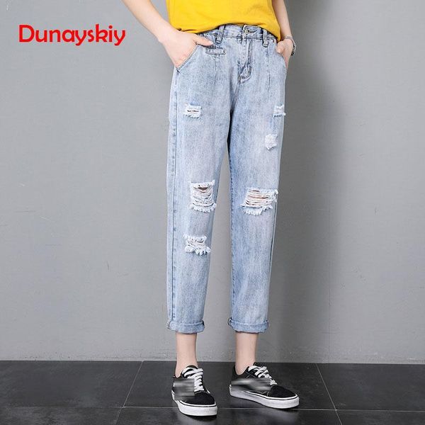 

women's jeans hole korean version loose nine pants 2021 slimming wild high waist casual harem antumn, Blue