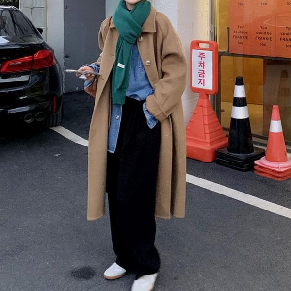 

women's trench coats korean long woolen coat clothing autumn and winter temperament khaki, Tan;black