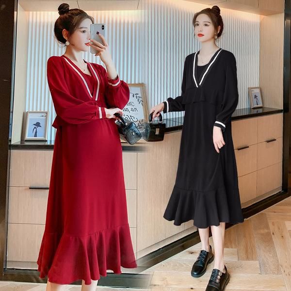 

maternity dresses autumn korean fashion long party dress elegant slim loose clothes for pregnant women ties waist spring pregnancy, White