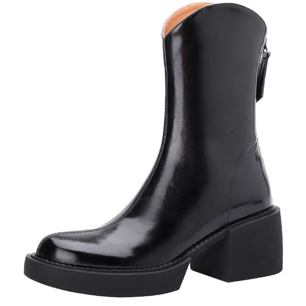 

autumn winter mid calf boot elegant thick bottom high heel genuine leather shoes platform footwear square toe women fashion a114, Black