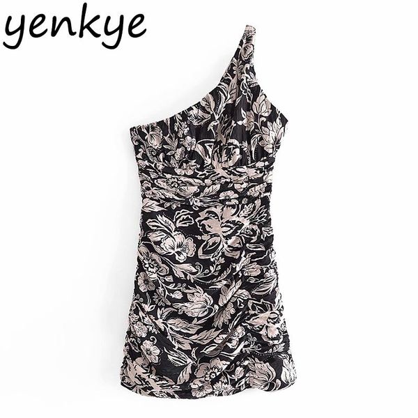

casual dresses yenkye vintage printed oblique shoulder asymmetric dress women draped bodycon mini vestido summer night out ropa mujer, Black;gray
