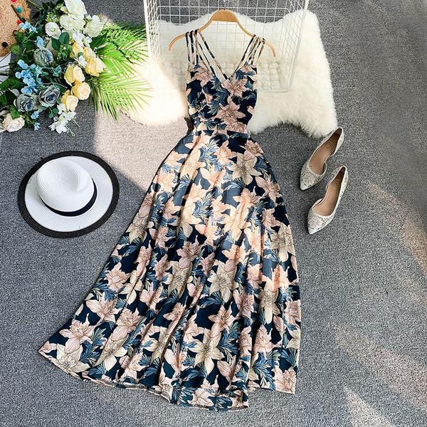 

casual dresses zqlz v-neck high waist sleeveless beach dress spaghetti strap backless a line floral print summer elegant vestidos, Black;gray
