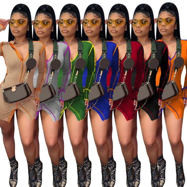 

casual dresses neon striped patchwork streetwear wrap dress women deep v-neck long sleeve ribbed bandage solid split front vestidos, Black;gray