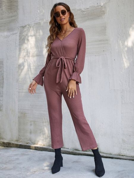 

waffle knit flounce sleeve belted jumpsuit 21hy#, White