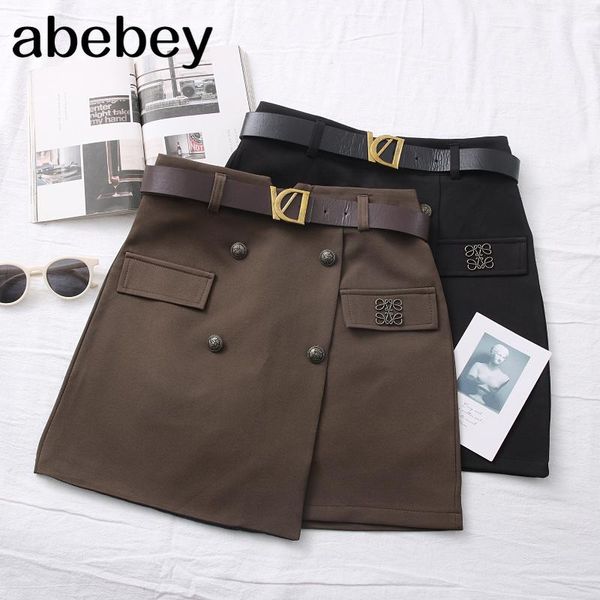 

skirts spring summer women fashionable all-match design skirt double breasted irregular high waist slim belt, Black
