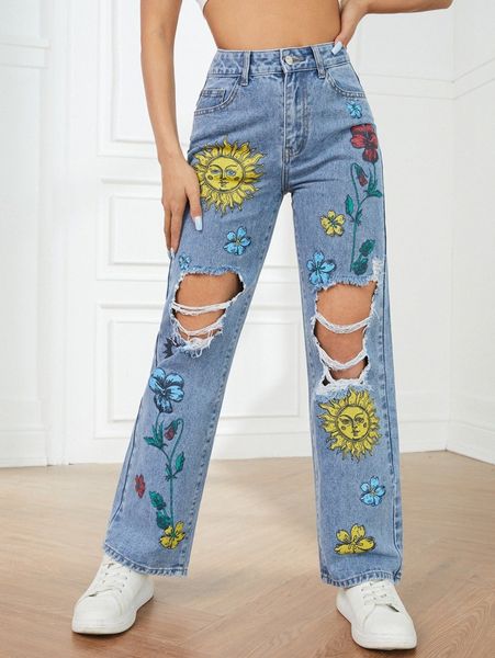 

petite floral & sun print ripped straight jeans j1ta#, Blue