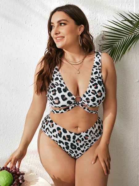 

plus leopard ring linked bikini swimsuit 904a#, Black