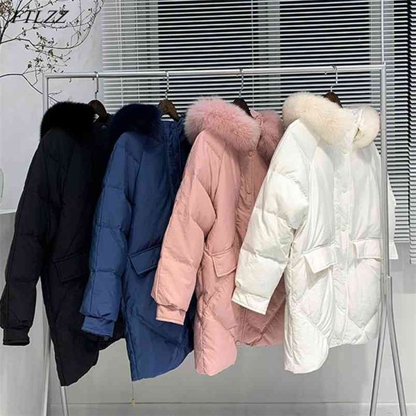 

winter women hooded white duck down medium long jacket casual thick solid fox fur collar coat 210430, Black
